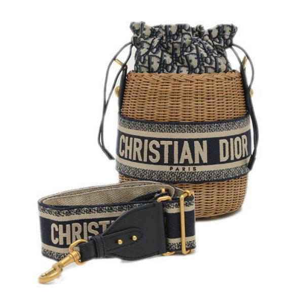 Dior Oblique Wicker Shoulder Bag Rattan Canvas Navy Blue - Picture 1 of 7